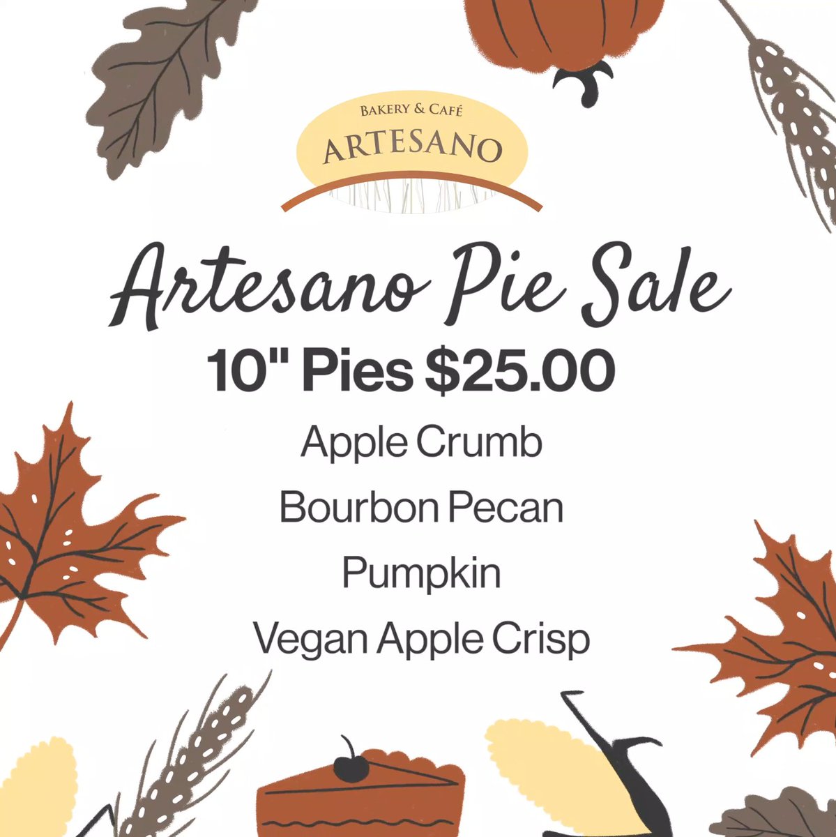 Order your Thanksgiving pies or sugar cookie dough by noon on Friday, Nov. 19 from Artesano Cafe &amp; Bakery! You won't want to miss out on these delicious Thanksgiving pie flavors. Check out linktr.ee/ritdining?utm_… for more details.
