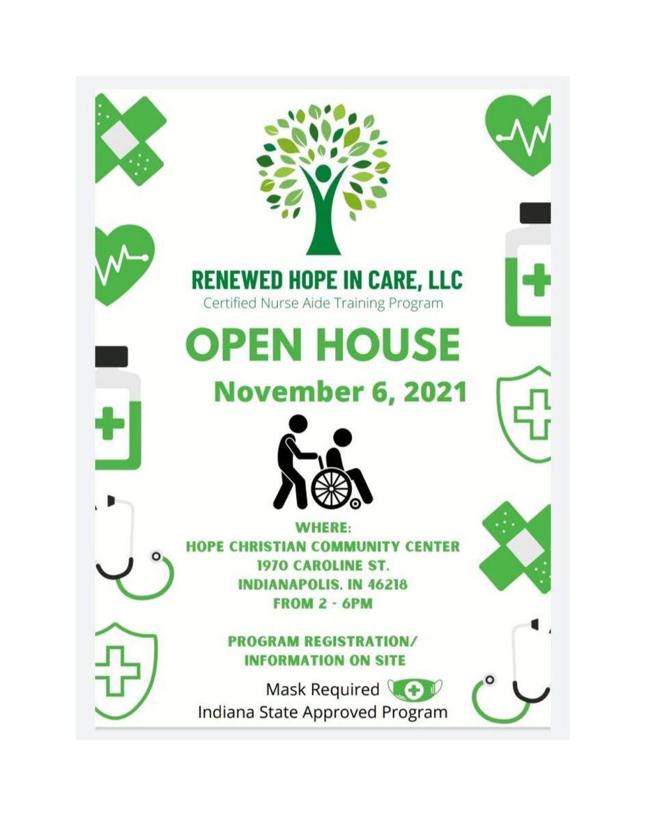 MBCDCIndy's tweet photo. Renewed Hope In Care is opening a Certified Nurse’s Aide Training Program on the city’s near eastside in the Martindale-Brightwood neighborhood!

Open House November 6th from 2 - 6PM

1970 Caroline St. 
Indianapolis, IN 46218

317-602-8434 or email: connect@renewedhopeincare.com https://t.co/5UknpfybCQ