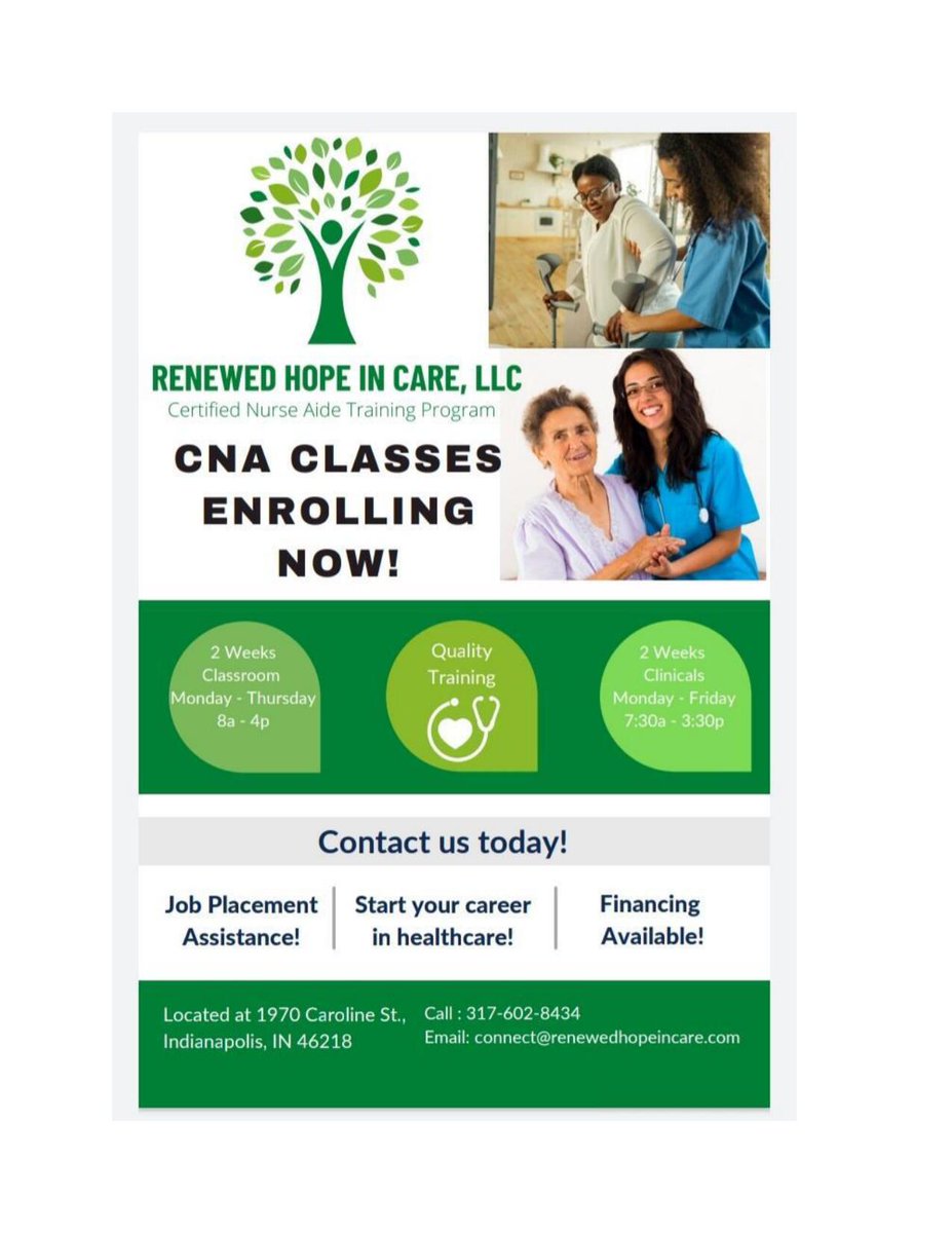 MBCDCIndy's tweet photo. Renewed Hope In Care is opening a Certified Nurse’s Aide Training Program on the city’s near eastside in the Martindale-Brightwood neighborhood!

Open House November 6th from 2 - 6PM

1970 Caroline St. 
Indianapolis, IN 46218

317-602-8434 or email: connect@renewedhopeincare.com https://t.co/5UknpfybCQ