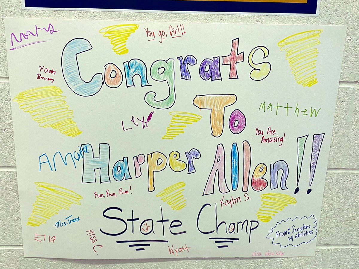 TEMDClassroom's tweet photo. We love celebrating small and big successes in our classroom! Today we took some time to spread some school spirit and to congratulate our fellow Senator, Harper Allen for her recent success at states! #ewingpride #proudtobeagale 💙💛 https://t.co/FlhmW2Aylj