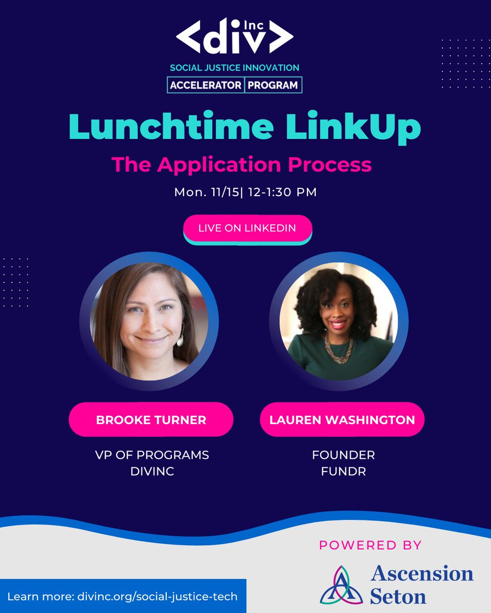 WeAreDivInc's tweet photo. Building or investing in social justice tech? Join the DivInc fam for a series of live conversations about the Social Justice Innovation Accelerator! Come learn about the program curriculum, its impact, and how to apply! RSVP here: https://t.co/vgNtgFft0y https://t.co/OiZDX3nwTJ
