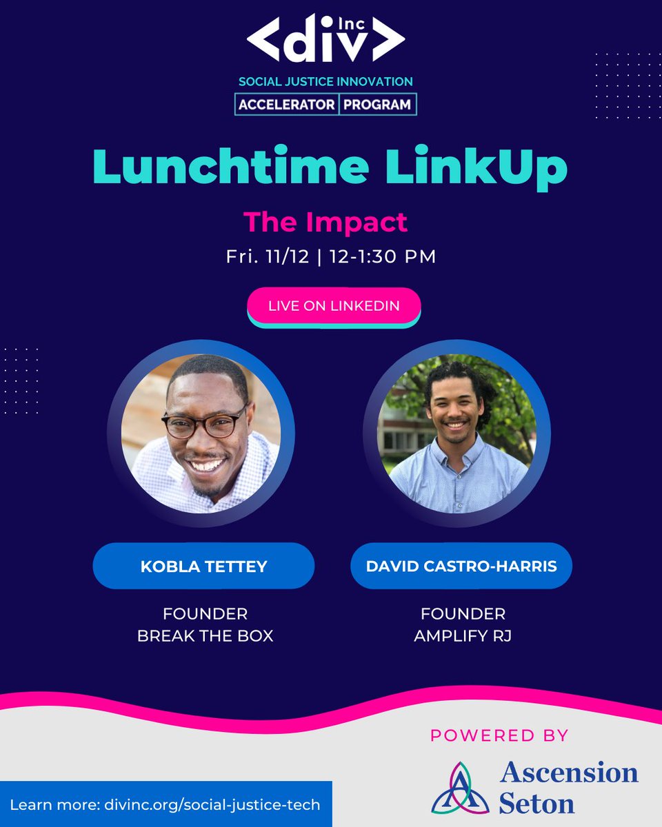 WeAreDivInc's tweet photo. Building or investing in social justice tech? Join the DivInc fam for a series of live conversations about the Social Justice Innovation Accelerator! Come learn about the program curriculum, its impact, and how to apply! RSVP here: https://t.co/vgNtgFft0y https://t.co/OiZDX3nwTJ