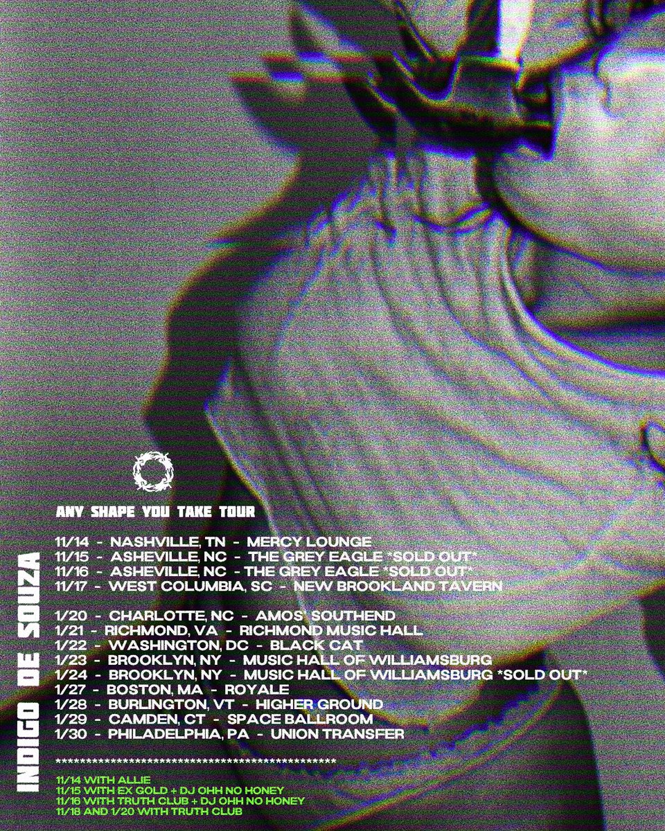 IndigoDeSouza's tweet image. updated November/January dates 💚🐊 
— I actually cannot wait to be playing again 🥵
All tix are now on sale :))))
indigodesouza.live/tour