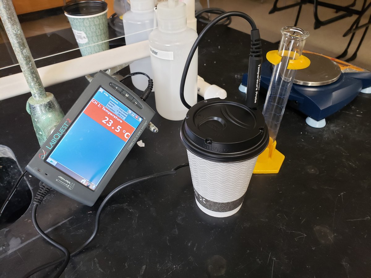 GsstChemistry's tweet photo. The chemistry students continued their work with calorimetry by investigating two solids to see if they were endothermic or exothermic.  We used our high tech calorimeters (aka Styrofoam cup/lid) and got pretty good results!  #GSST @NHGSST https://t.co/t7haoiWxLf