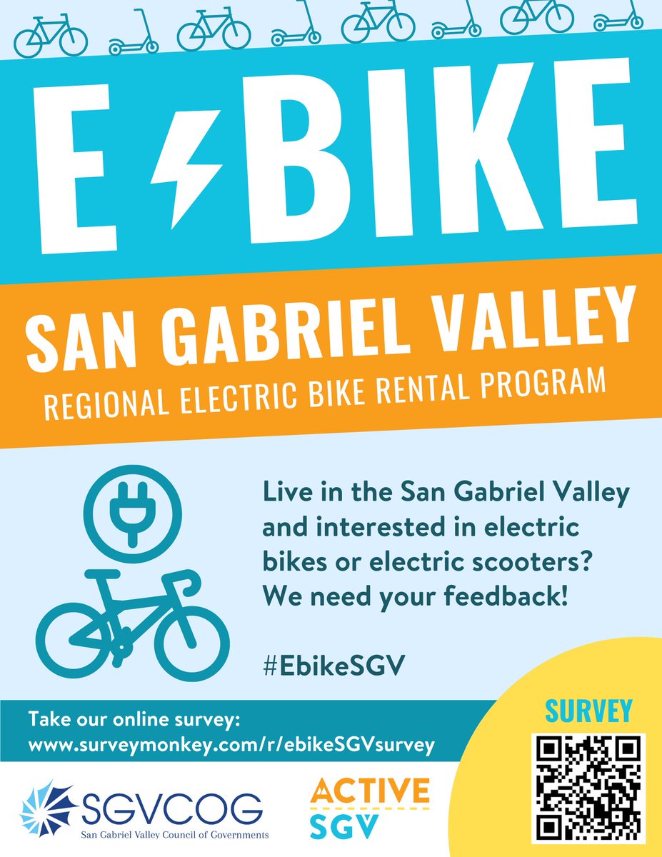 ActiveSGV's tweet photo. Live in the San Gabriel Valley and interested in electric bikes or electric scooters? ⚡️🚲🛴 We need your feedback! 

📝 Survey: https://t.co/DAAUhNaKOV

#EbikeSGV https://t.co/sG2yeZOcu3