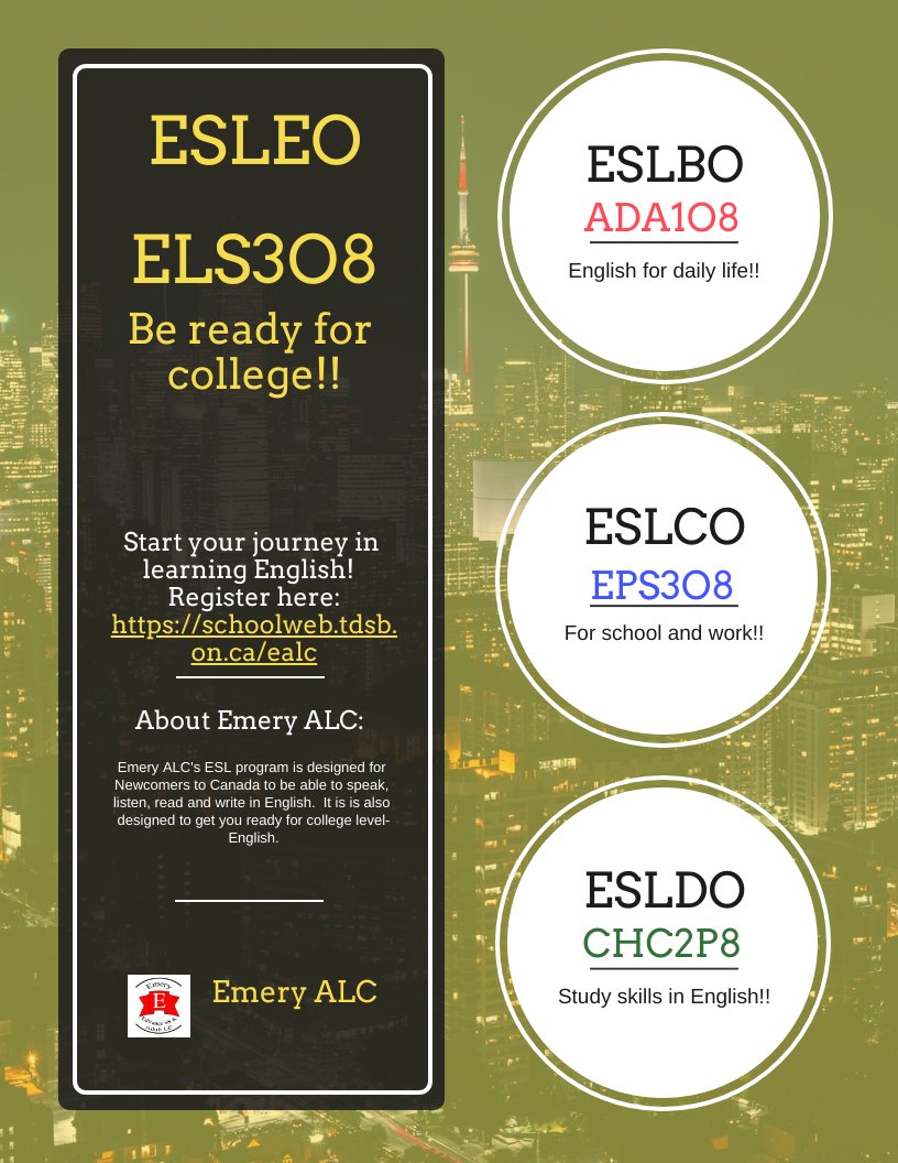 Do you know of anyone who would like to get started in learning to speak, listen, read or write English?  Let them know Emery ALC has courses for them!  schoolweb.tdsb.on.ca/ealc