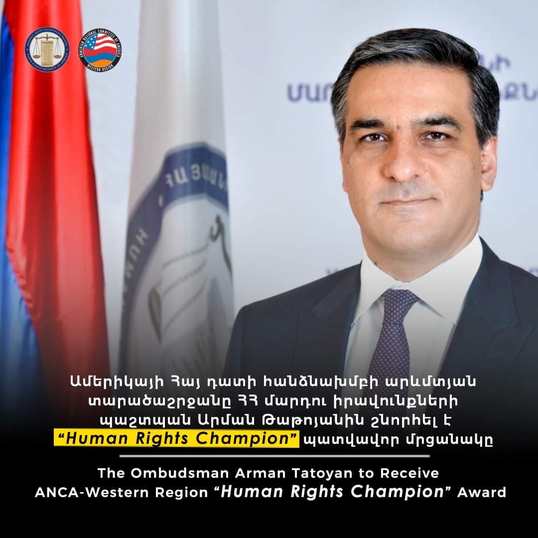 atatoyan's tweet photo. Armenian National Committee of America-WR to bestow “Human Rights Champion” Award to Arman Tatoyan, @OmbudsArmenia for consistent efforts at advocating interests &amp; upholding rights of the people of Armenia &amp; Artsakh.Sincere appreciation to @ANCA_WR - always standing by our side! https://t.co/WgVCzIsOGk