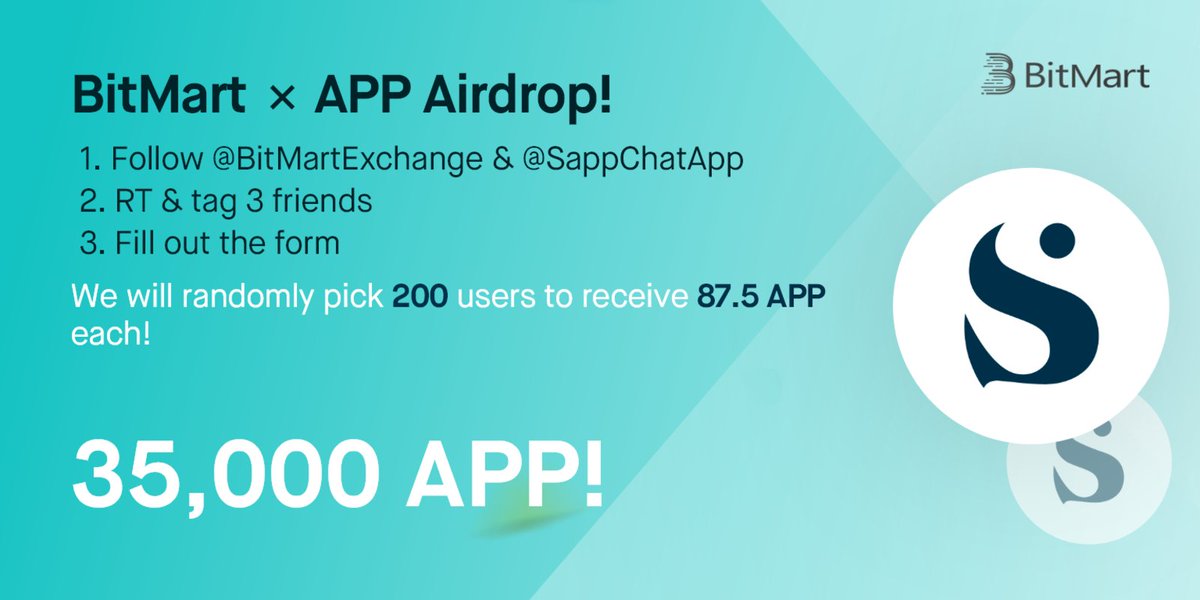 🎉To celebrate <a href="/SappChatApp/">SappChat</a> listing, we’re giving away 35,000 APP !
 
1⃣Follow <a href="/BitMartExchange/">BitMart</a> &amp; <a href="/SappChatApp/">SappChat</a>
2⃣RT and tag 3 frds 
3⃣Fill out: forms.gle/AbuoVjffVqUVPq… 
 
✨ 400 lucky winners receive 87.5 APP each !
⏰ Enter by 11:59 PM EDT Nov 9