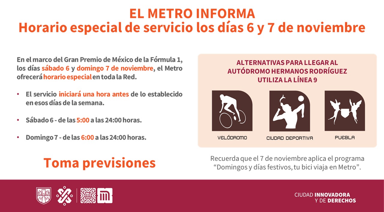 MetroCDMX na Twitterze: „#AvisoMetro Recuerda los horarios de servicio en la Red, para este sábado 6 y domingo 7 de noviembre, con motivo del Gran Premio de México de la Fórmula 1. # MetroCDMX na Twitterze: „#AvisoMetro Recuerda los horarios de servicio en la Red, para este sábado 6 y domingo 7 de noviembre, con motivo del Gran Premio de México de la Fórmula 1. #