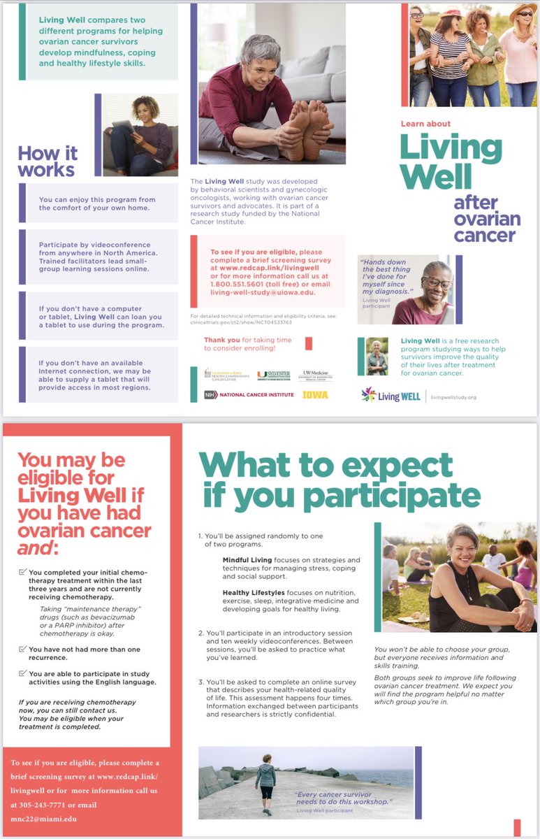 Living Well is a prospective study to evaluate better ways to improve quality of life after #ovariancancer treatment. We are still enrolling. Interested? See flyer below 👇🏻 @LivingW77977529 @BRCASTRONG @sophiahlge @DrMarilynHuang @abedsinno @SGO_org @IGCSociety