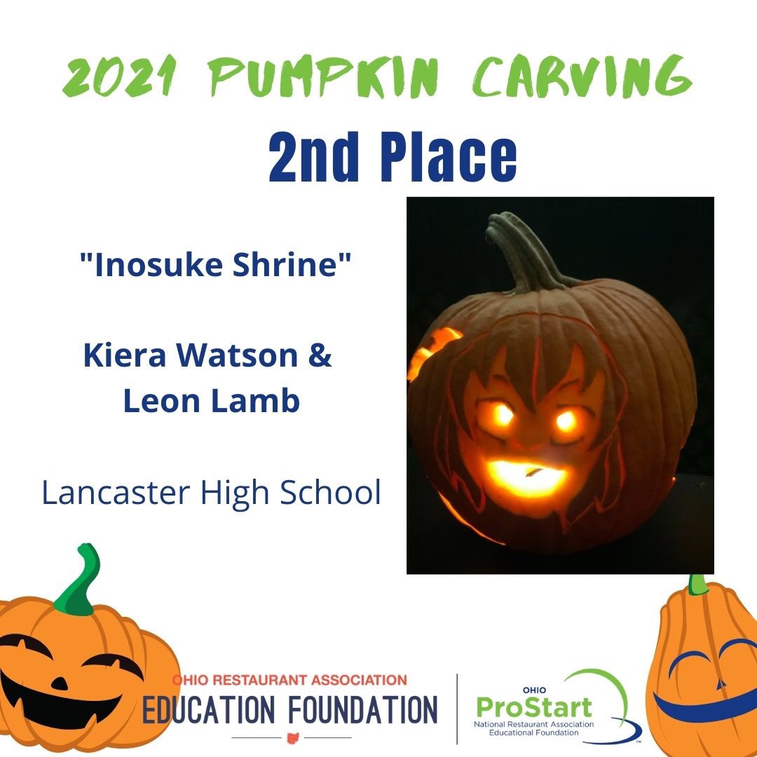 OhioProStart's tweet photo. And the 2021 Pumpkin 🎃 Carving competition winners are....

1st: Where’d You Get Those Eyes 👀 Jada &amp; Shayla, Lancaster HS
2nd: Inosuke Shrine 
Kiera &amp; Leon, Lancaster HS
Thank you to all our competitors! 
#ohioprostart #madeinprostart
@LHSCulinary @ProStart @OhioRestaurant https://t.co/e2d38WWAAF
