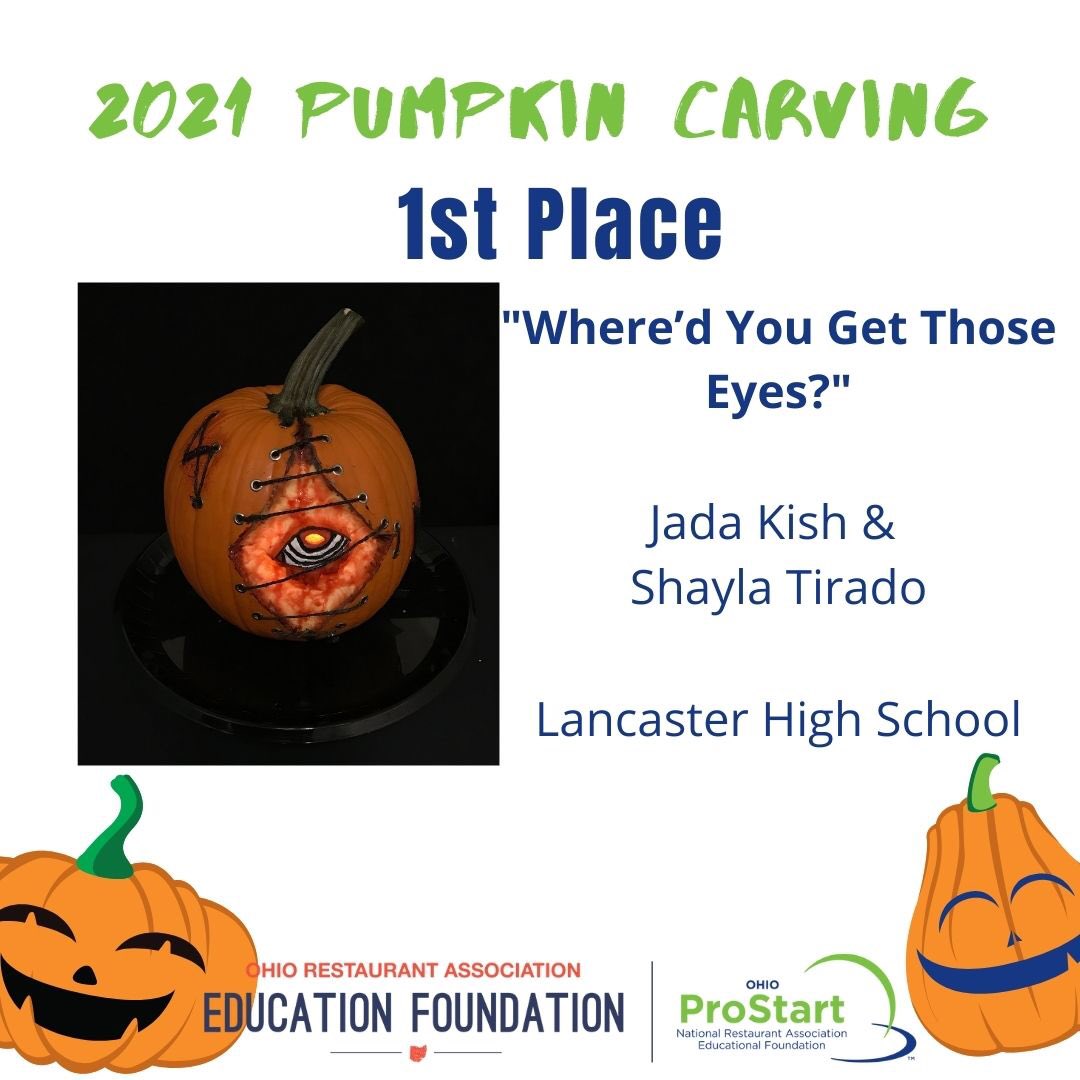 OhioProStart's tweet photo. And the 2021 Pumpkin 🎃 Carving competition winners are....

1st: Where’d You Get Those Eyes 👀 Jada &amp; Shayla, Lancaster HS
2nd: Inosuke Shrine 
Kiera &amp; Leon, Lancaster HS
Thank you to all our competitors! 
#ohioprostart #madeinprostart
@LHSCulinary @ProStart @OhioRestaurant https://t.co/e2d38WWAAF