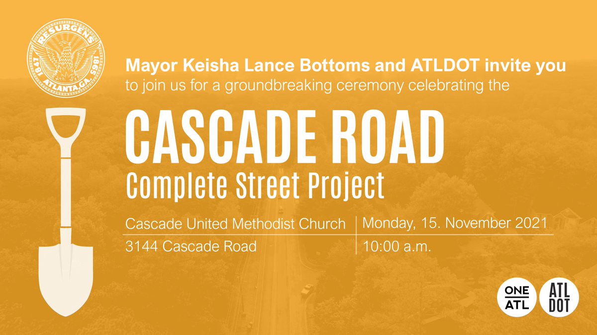 ATLDOT's tweet photo. We're approaching the start of the #CascadeRoad Complete Street project! Celebrate this milestone with us. We’re holding a groundbreaking ceremony on Monday, Nov. 15 at #Atlanta’s historic Cascade United Methodist Church. https://t.co/uVZEv9l5Tg