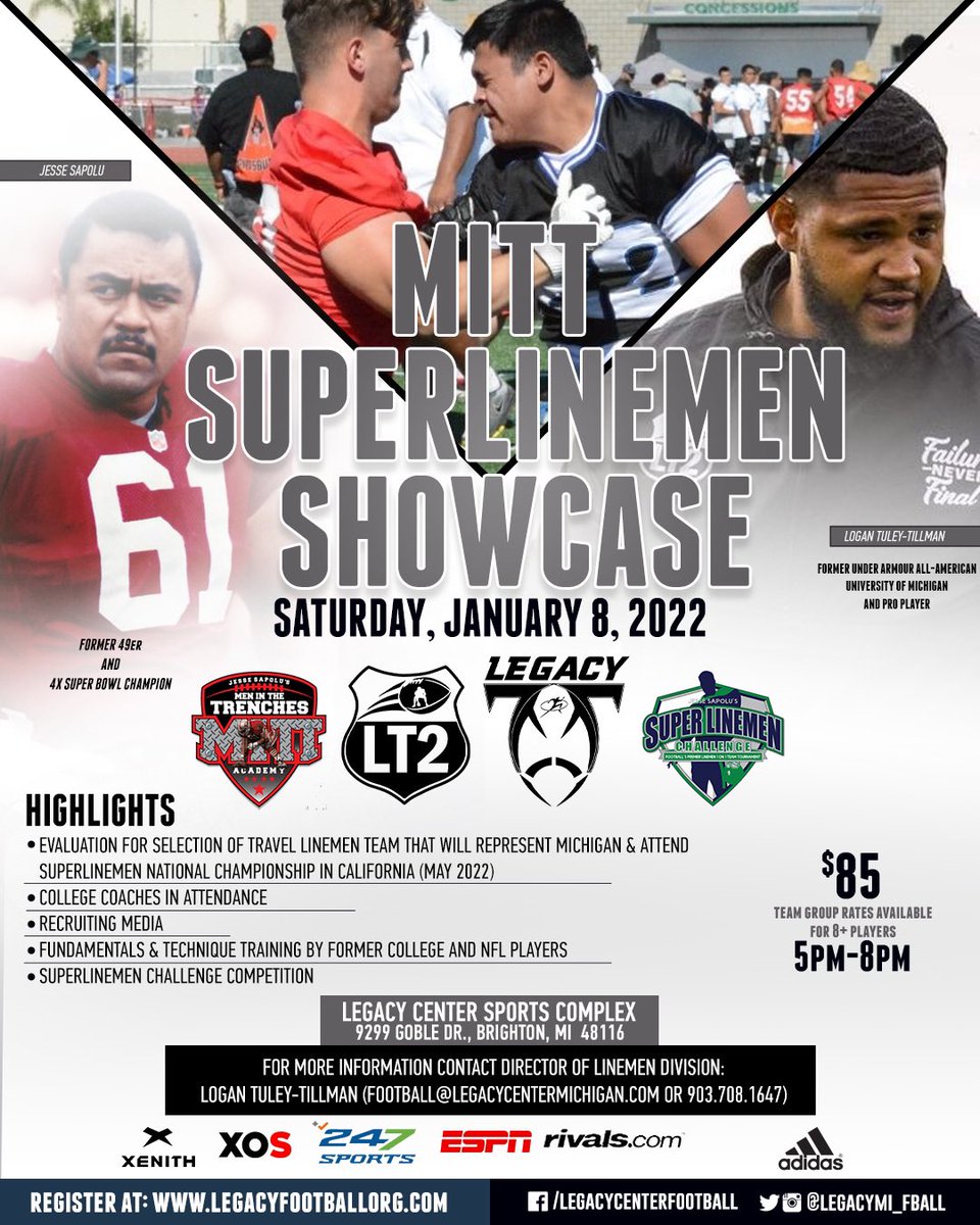 Legacy MITT <a href="/SuperLinemen/">Super Linemen 5v5</a> Big Man Event! Opportunity to Develop, Compete &amp; be evaluated for Linemen Travel Team that will travel to California for Superlinemen National Championship in May!Teams encouraged to attend, group rates for 8+ players! DM for more info! <a href="/Legacy_Recruit/">Legacy Recruiting</a>