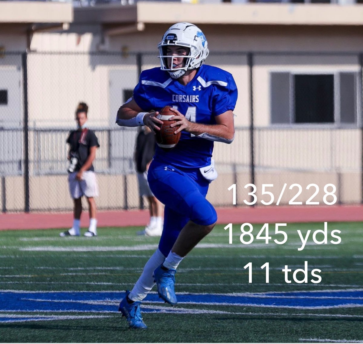 SMC_CorsairFB's tweet photo. 2021 season stats 
Sam Vaulton #14 QB Freshmen (Qualifier) @samvaulton14 

🎮 6 games played 
🏈👋🏻 135/228 
📏 1845 Yrds 
🙌🏻 11 TD’s 
🎖 Leads the conference 
      1. Yards per game ( 308.3) 
      2. Touchdowns (11) 

#BeTheBest @SMC_edu @smc_corsairs https://t.co/Fuja5yq2ot