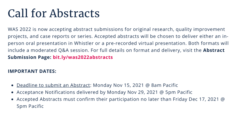 Whistler Anesthesiology Summit (@whistleranesth) on Twitter photo 2022 WAS Abstract Submission Deadline: *Mon, Nov 15 2021*
➡️Original Research/QI Project/Case Report/Case Series can all be submitted
➡️Submission guidelines: bit.ly/3BOEfcr
➡️Agenda: bit.ly/3qc6ShE
<a href="/ubc_anes/">UBC Anesthesiology Residency Program</a> <a href="/BC_Anesthesia/">British Columbia Anesthesiologists' Society (BCAS)</a> <a href="/CASresidents/">CAS Residents</a> <a href="/CASUpdate/">Canadian Anesthesiologists' Society</a> 2022 WAS Abstract Submission Deadline: *Mon, Nov 15 2021*
➡️Original Research/QI Project/Case Report/Case Series can all be submitted
➡️Submission guidelines: bit.ly/3BOEfcr
➡️Agenda: bit.ly/3qc6ShE
<a href="/ubc_anes/">UBC Anesthesiology Residency Program</a> <a href="/BC_Anesthesia/">British Columbia Anesthesiologists' Society (BCAS)</a> <a href="/CASresidents/">CAS Residents</a> <a href="/CASUpdate/">Canadian Anesthesiologists' Society</a>