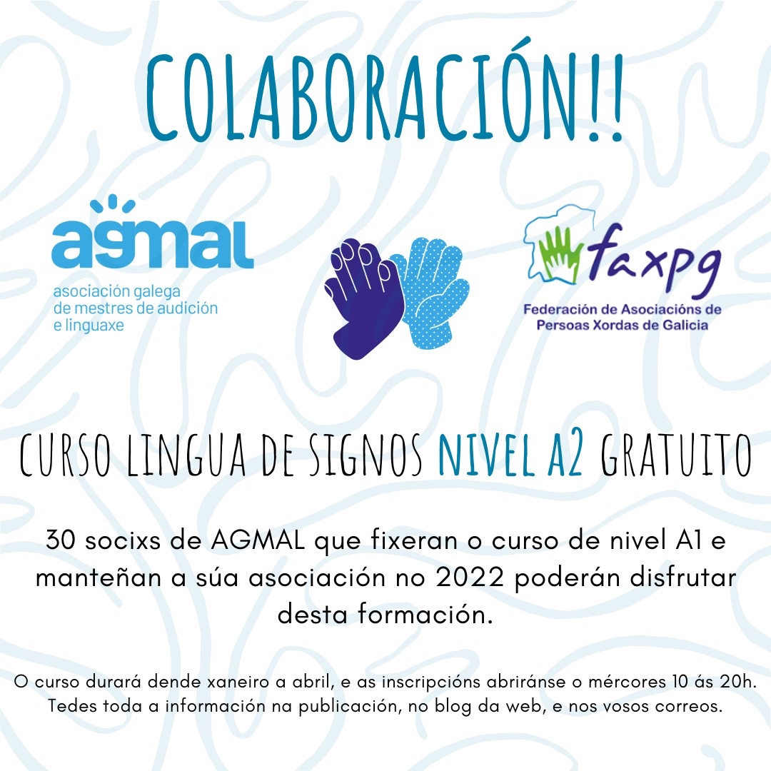 📚CURSO DE LINGUA DE SIGNOS NIVEL A2 ✨GRATUITO

🔊30 socixs gozarán deste curso.

Será impartido por @faxpg_galicia, cunha duración de 90 horas, levarase a cabo entre o 11 de xaneiro e o 11 de abril de 2022.

📝O mércores 10 de novembro ás 20h envíarase un mail co formulario.