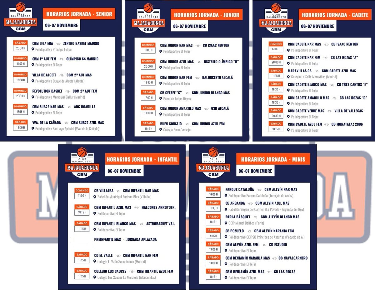 HORARIOS
6-7 NOVIEMBRE

Mañana arranca una nueva jornada de competición con 31 partidos para nuestros equipos. 🏀💙🧡

¡¡Mucha suerte a todos!!

#TodosSomosUno #VamosCBM