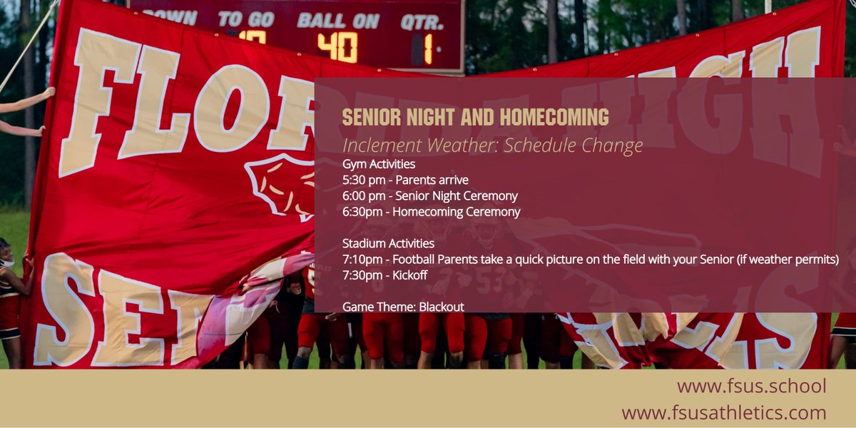 FSUS_Athletics's tweet photo. Due to inclement weather and the possibility of heavy rain FSUS has made the tough decision to alter tonight's game festivities. We apologize for the inconvenience. We appreciate you and please remember #WeAreFSUS https://t.co/NHKXBs3t0a