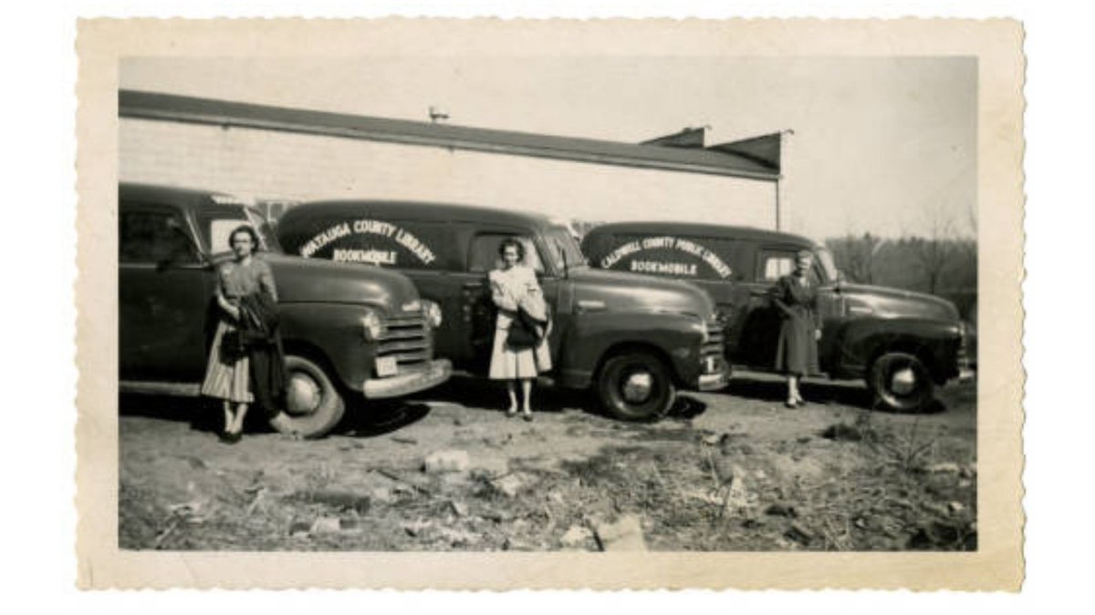 ForEverythingNC's tweet photo. We've assembled our squad for this month's #ArchivesHashtagParty! We're ready to show some #EverythingNC #ArchivesBookLove!📷Three Northwest Regional Library bookmobiles (from L-R: Alleghany, Watauga, Caldwell) and their drivers. Public Library Files, @StateLibraryNC. https://t.co/3r698epgSD