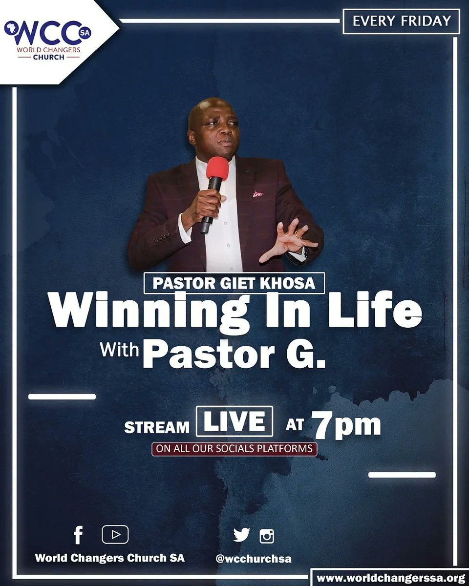 WCCHURCHSA's tweet photo. ITS THAT DAY OF THE WEEK  🔥🔥🔥‼️‼️‼️

CATCH WINNING IN LIFE WITH PASTOR G TONIGHT AT 19:00.

TITLE: DEAL WITH THE ELEPHANT IN THE ROOM 📌

HAPPY FRIDAY 🙂 DON'T MISS OUT ON FRIDAY NUGGETS 😎

#fridaylive #winninginlife #wisdom #knowledge #howtodealwithit  #wcssa https://t.co/eAMAgDa4Gt