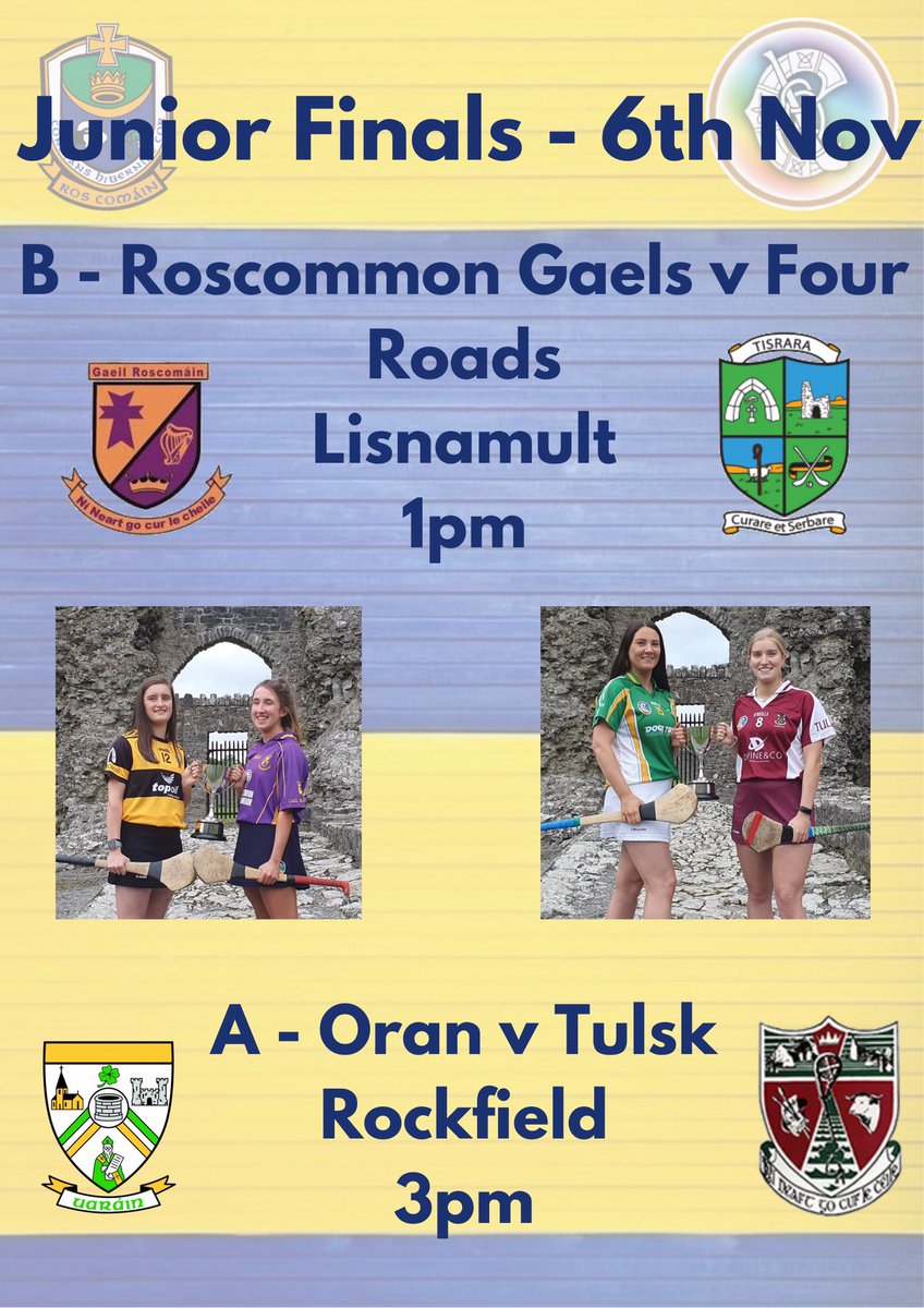 Our Junior Finals take place tomorrow, first up Roscommon Gaels will host Four Roads in Lisnamult @ 1pm

Then defending champions Oran will take on Tulsk in Rockfield @ 3pm

Admission is €5

Best of luck to all teams 💪