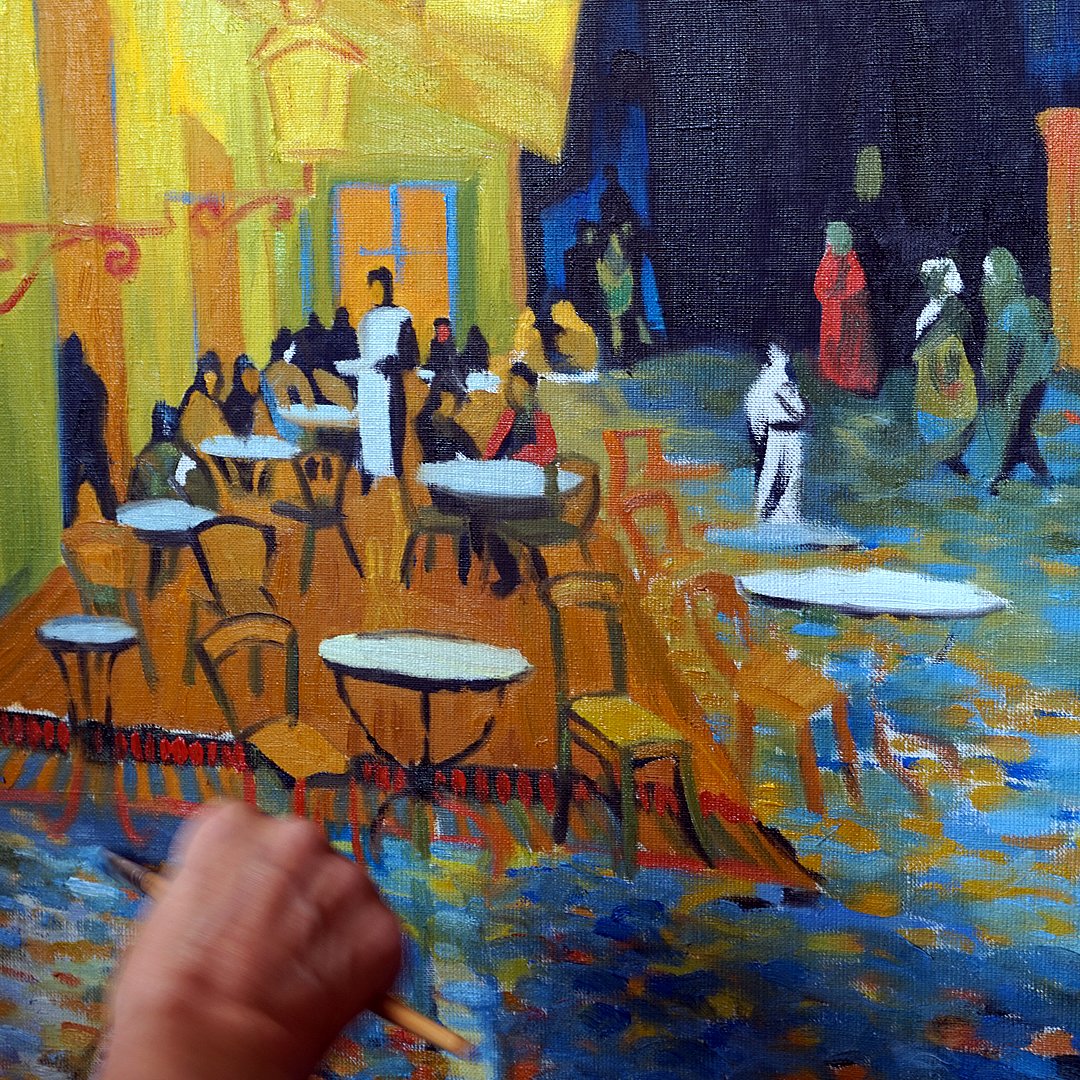 Trying to paint a Café Terrace at Night by Vincent van Gogh

Did he really want to create allusion to The Last Supper by Da Vinci?

#painting #vangogh #postimpressionism