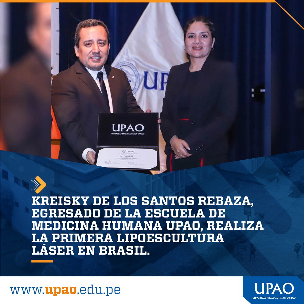 #OrreguianosDeCorazón I Calidad internacional garantizada. Médico egresado de UPAO, Kreisky de los Santos Rebaza realizó la primera lipoescultura láser en el hospital Ilha do Governador de Rio de Janeiro.
✔️ Conoce más aquí: upao.edu.pe/noticia/upao-m…