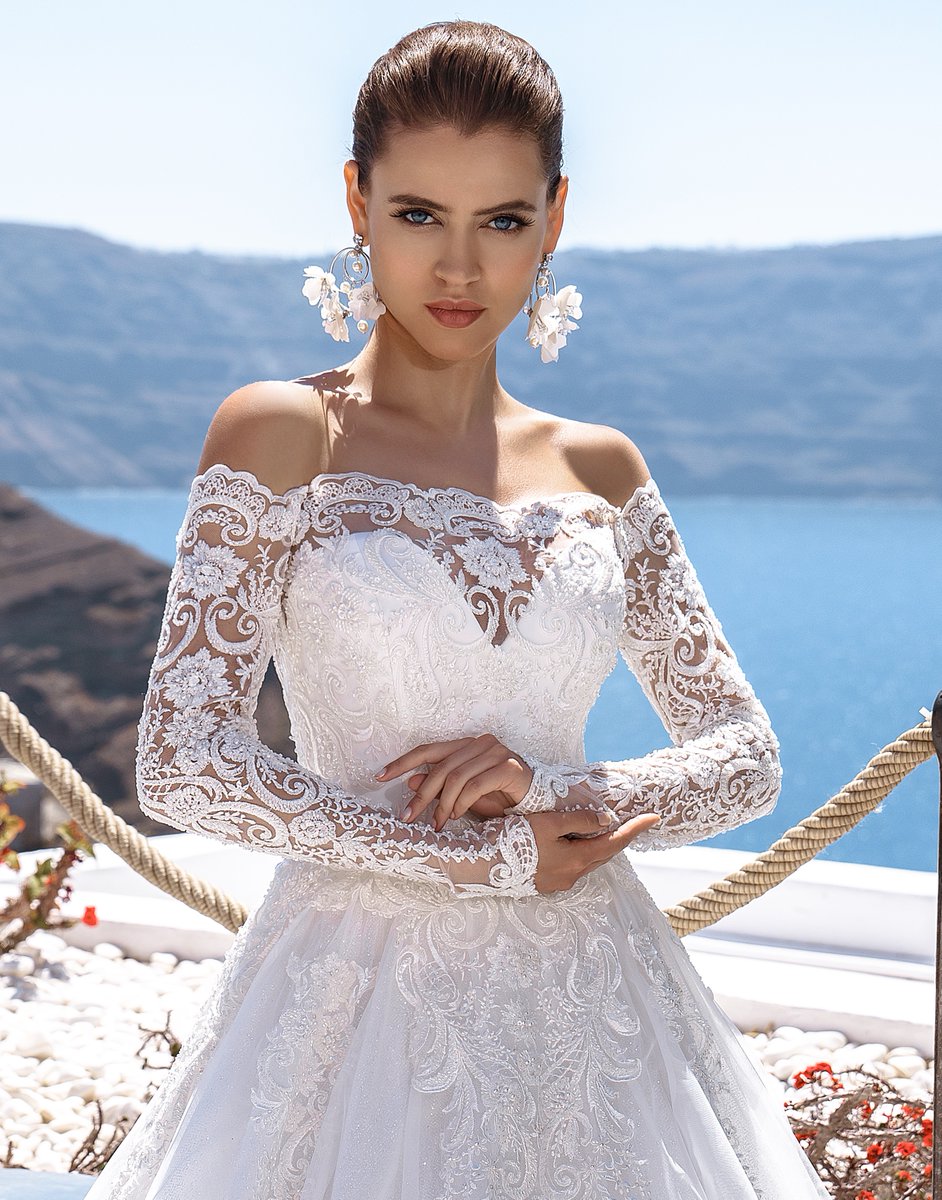 Royal Ball French Lace and Tulle Wedding Dress with the Off-Shoulder Neckline &amp; Long Lace Sleeves 
etsy.com/ca/listing/935…