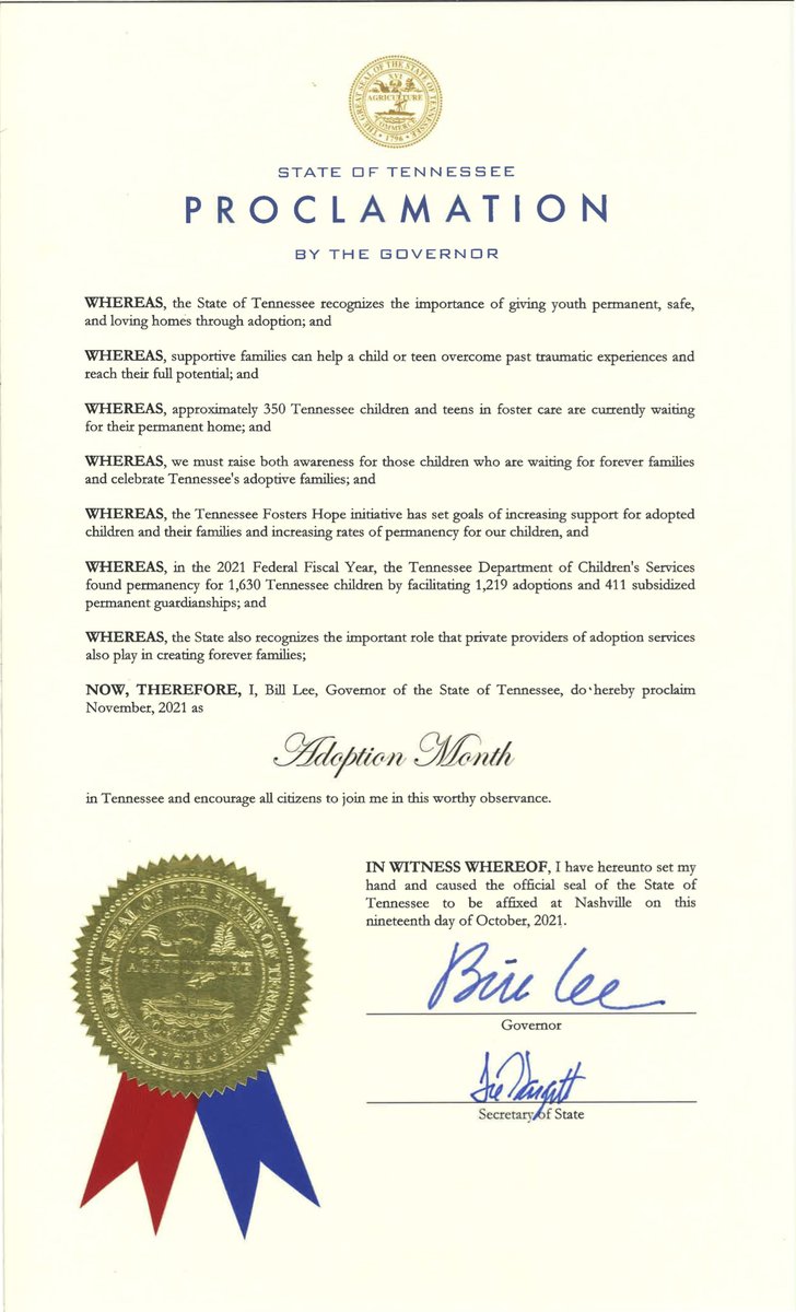 November is Adoption Month in TN, &amp; we recognize the many adoptive families across our state &amp; the importance of giving our youth permanent, safe, &amp; loving homes.