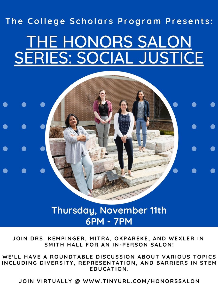 Mark your calendars for next Thursday for our next salon presentation! Drs. Susan Kempinger, Alicia Okpareke, Lindsay Wexler, and Chandreyee Mitra will help us learn more about the need for diversity and representation in STEM education!