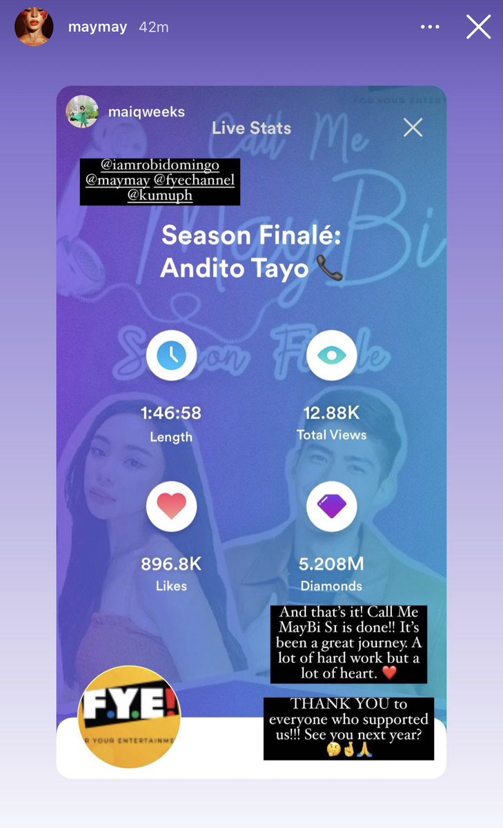 hyghghy13's tweet photo. 5M💎💎💎💎💎
Congratulations @robertmarion @maymayentrata07 
In your finale Epi of #CallMeMayBi 
Until next season🤙 https://t.co/vgrqchcMlO