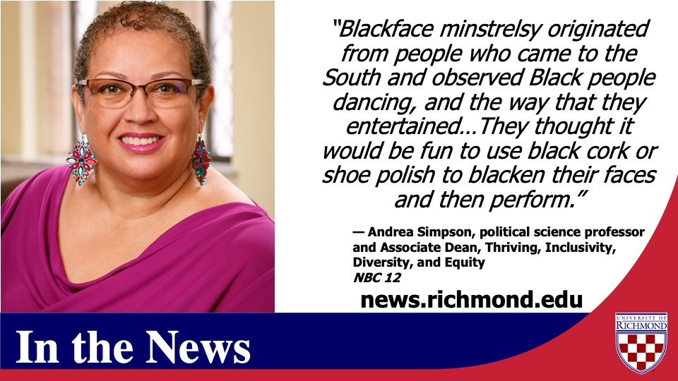 URNews2Use's tweet image. nbc12.com/2021/10/27/war…

Political Science professor Andrea Simpson, Associate Dean, Thriving, Inclusivity, Diversity, and Equity, explains the origins of blackface in this @NBC12 article.