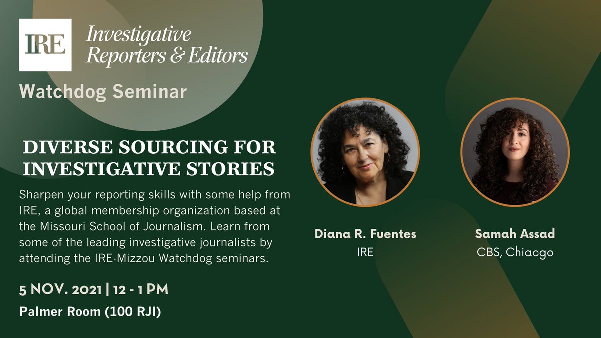 Diverse sourcing for investigative stories 12-1 pm today in Palmer Room 100 RJI for <a href="/mujschool/">Mizzou Journalism</a> students, faculty, staff. Get expert tips from <a href="/ddfonline/">Diana Fuentes</a> <a href="/SAssadNews/">Samah Assad</a> calendar.missouri.edu/event/ire-mizz… Brought to you by <a href="/IRE_NICAR/">Investigative Reporters & Editors</a>