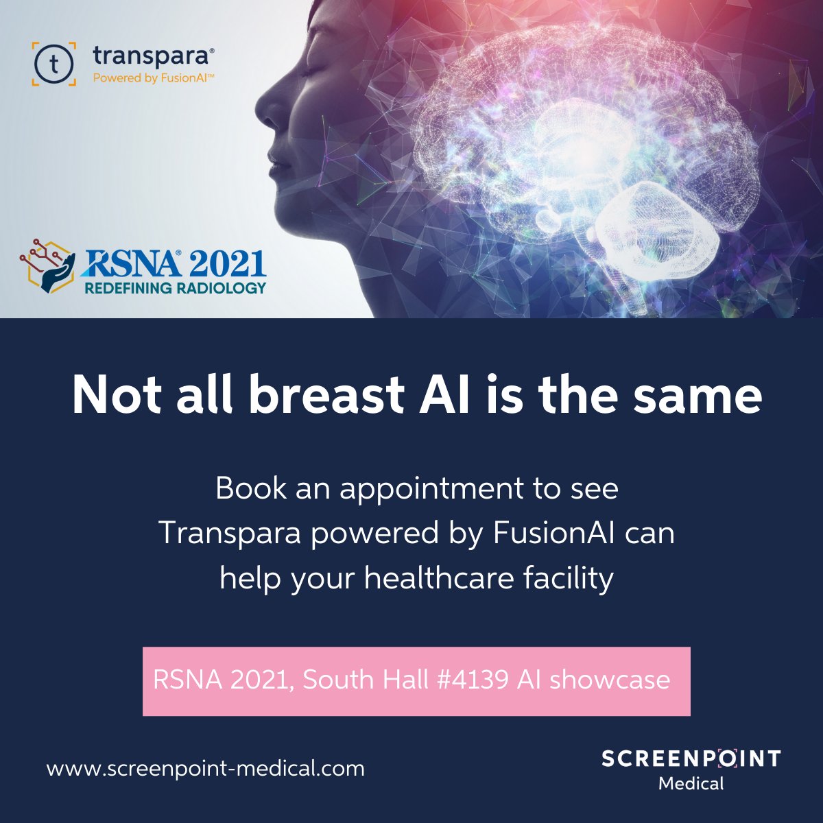 screenpointmed's tweet photo. The countdown has started! We are very excited to be seeing you live at #RSNA2021, South Hall #4139 in the AI showcase. With at least 5 presentations and posters at this year's meeting featuring #Transpara, simply put not all breast AI is the same. https://t.co/EfinZ7ZnUQ https://t.co/zwLj54zhl4