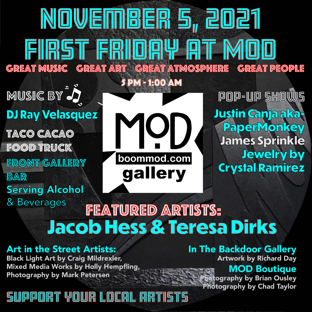 katdaydesign's tweet photo. #firstfridaykc at @BOOMMOD in the #kccrossroads with #jacobhessart and #teresadirksstudio and many more with new art from @PaperMonkeyArt. Don't miss this amazing show! https://t.co/JTk3UsAgh5