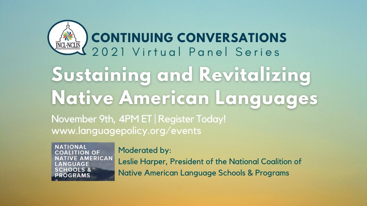 JNCLInfo's tweet photo. NEW DATE! Celebrate #NativeAmericanHeritageMonth by learning how you can advocate for Native American languages!
Register today to join the conversation on November 9th!
🎟️: https://t.co/dbIl0ptx0I
#ContinuingConversations https://t.co/77bCRm0PSL