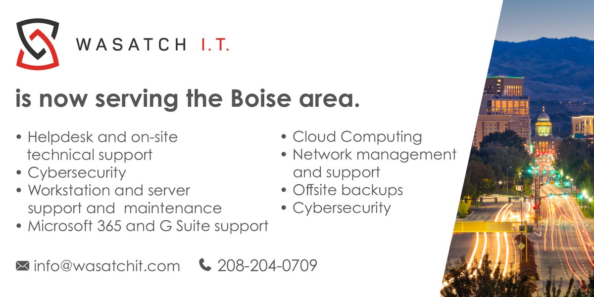 WasatchIT's tweet photo. If your business is in the Boise area, and you need some I.T. help, we are here for you! Contact us for more info!
#managedit #technicalsupport #IT #onsitetechnicians #managedservices #VoIP #ithelpdesk #networkingsystems #networksecurity #cybersecurity #Boisetechsupport #Boise https://t.co/7U3xSP7oMH