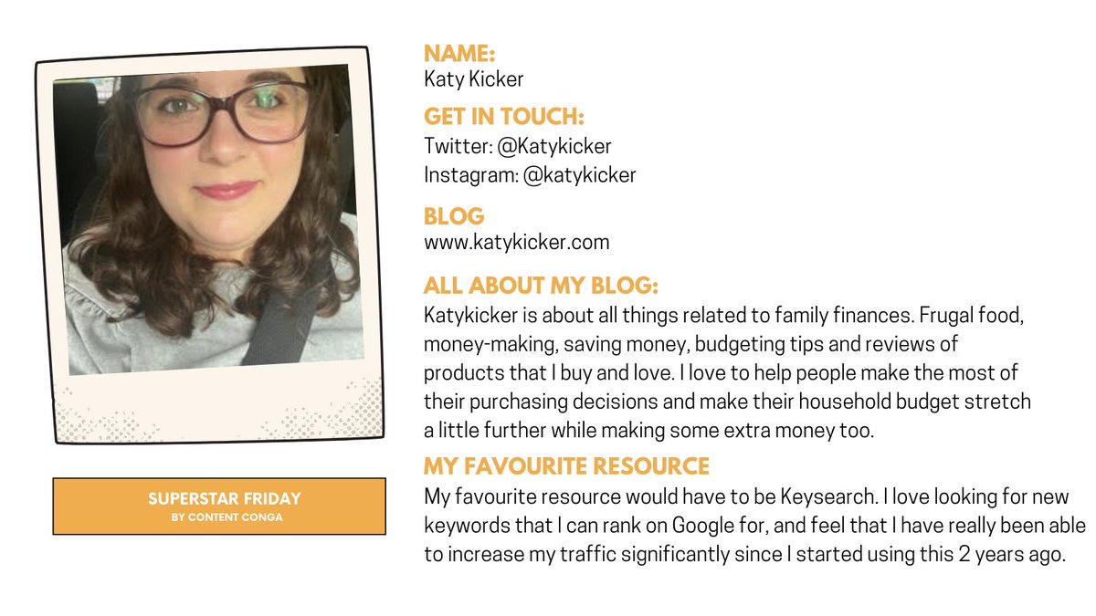 ContentConga's tweet photo. β It's time for Superstar Friday! β
Today we're mixing it up a little + featuring blogger @Katykicker!
Katy swears by Keysearch to get the low down on new keywords and, outside of blogging, absolutely adores sloths! π¦₯
#SuperstarFriday #ContentConga #ShineTheLight #Blogge https://t.co/oH52o33MTP