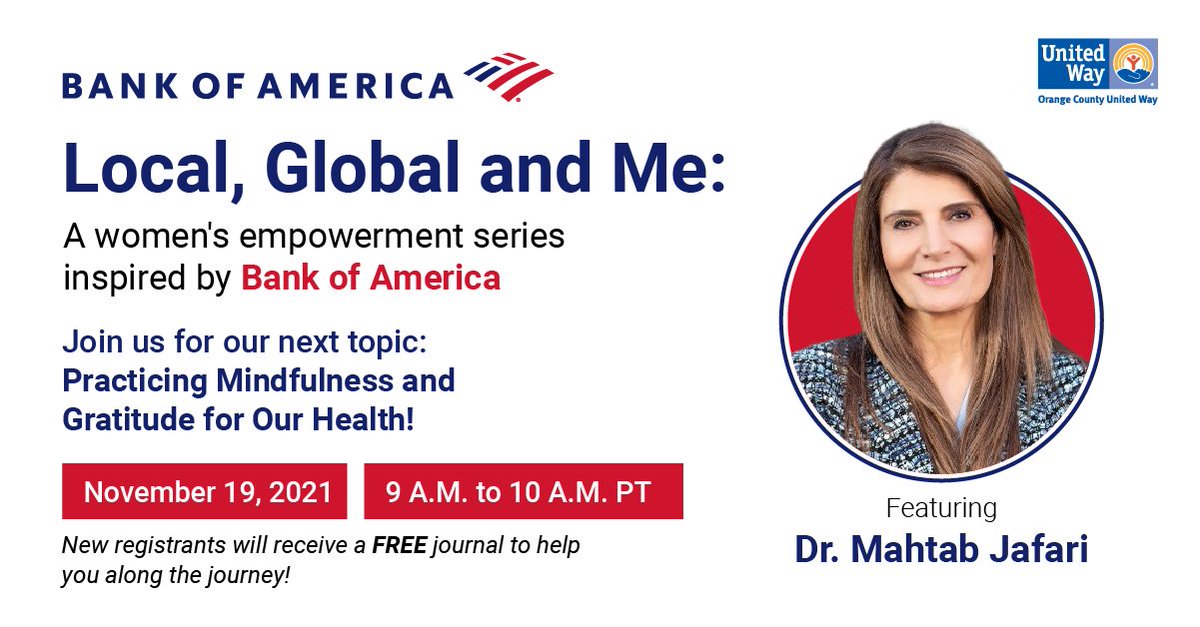 unitedwayoc's tweet photo. Do you practice mindfulness and gratitude? Join #WomenUnitedOC and @BankofAmerica to learn how these habits can benefit your health at the next #LocalGlobalMe event with Dr. Mahtab Jafari!
Register here: https://t.co/Ofn34vwehM. https://t.co/UHDvyvWK5q