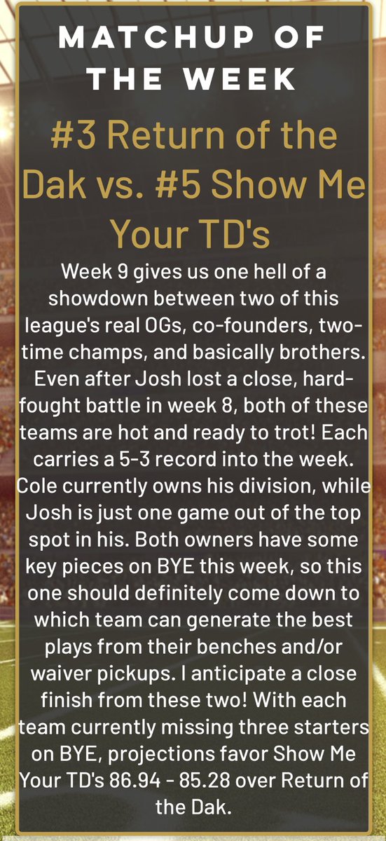ChurchOfGronkFF's tweet photo. #MatchupOfTheWeek for week 9!
#ChurchOfGronk #FantasyFootball https://t.co/RCJafMqFQd