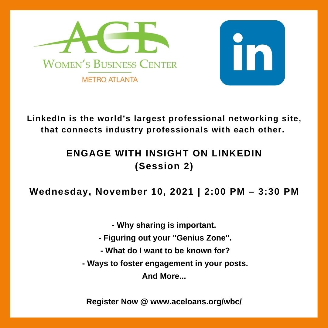 ACECapitalGA's tweet photo. ATTENTION SMALL BUSINESS OWNERS: Register today for the second session in our informative series on how to use engage with insight using LinkedIn. Wednesday, November 10th @ 2pm. Details and registration at https://t.co/Zvqn1w9Xcn
#acewbc #aceclients #linkedin #entrepreneurship https://t.co/06UamaaTgp