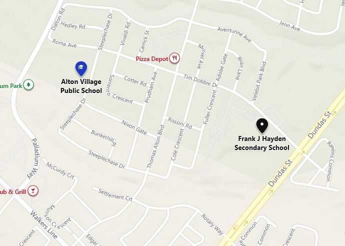 HaltonPolice's tweet photo. Precautionary Hold and Secure has been put in place for Alton Village Public School and Frank J Hayden Secondary School for police investigation in the area. 
Police continue to look for a suspect in an assault investigation unrelated to the schools. https://t.co/24wGVybJvs