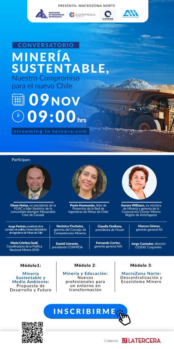 📢 ATENCIÓN 📢 
No te pierdas el Conversatorio “#MineríaSustentable, nuestro compromiso para un nuevo #Chile”, el cual contará con la participación y moderación de nuestro gerente general, Marcos Gómez.

👀 👉 Inscríbete escaneando el código QR 👇