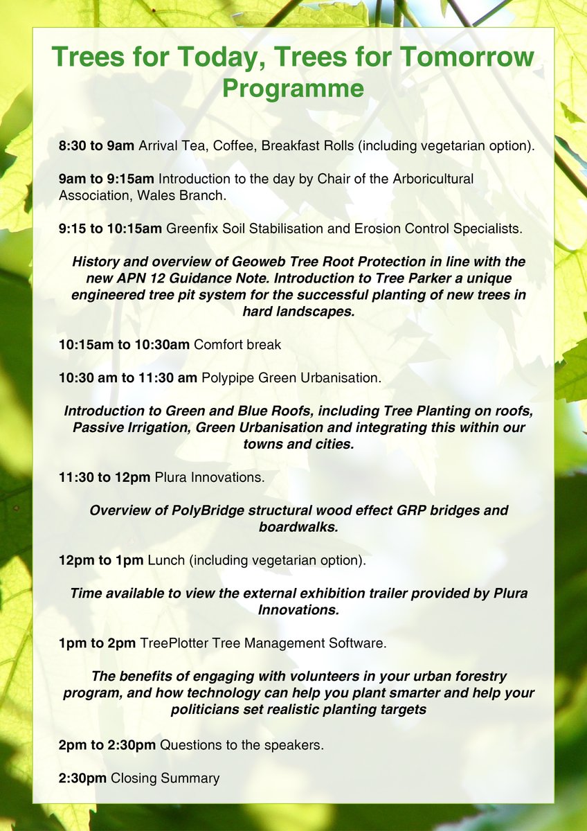 TheICF's tweet photo. Members in Wales may be interested in attending this in-person seminar, Trees for Today, Trees for Tomorrow.

It's being held at the @walesbotanic in Llanarthney on Wednesday 8 December.

Please see the attached photos for the programme and information on how to book👇 https://t.co/YgJDJCDJCS