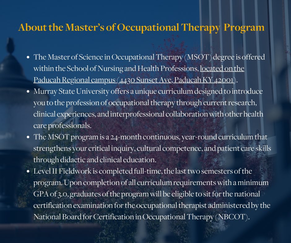 MurrayStateGrad's tweet photo. Today's #ProgramHighlight is the Master’s of Science in Occupational Therapy!
For more information visit: https://t.co/pxXktugyyF https://t.co/IuCnEEH8BD