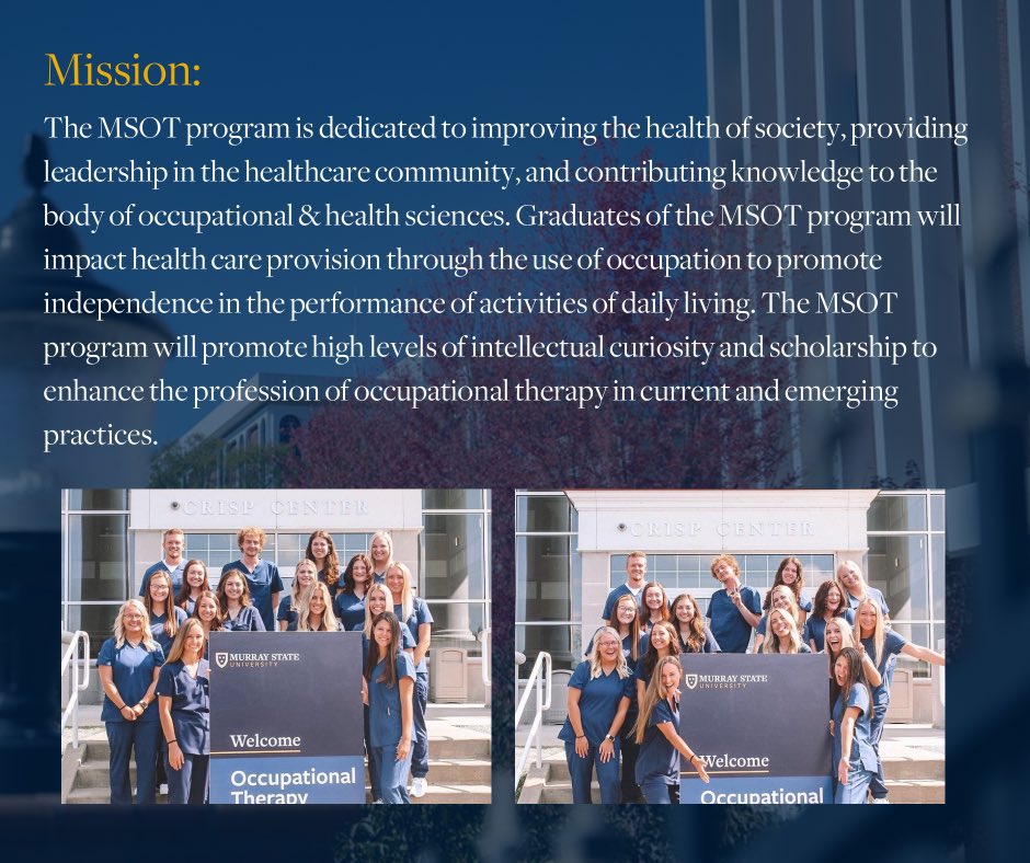 MurrayStateGrad's tweet photo. Today's #ProgramHighlight is the Master’s of Science in Occupational Therapy!
For more information visit: https://t.co/pxXktugyyF https://t.co/IuCnEEH8BD