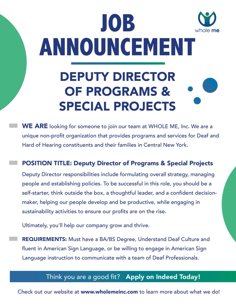 Happy Friday!

WHOLE ME is hiring! We are looking for a Deputy Director of Programs &amp; Special Projects!

Come apply below if you are interested in joining the WHOLE ME team!

Application link: indeed.com/job/deputy-dir…

Looking forward to seeing you!
