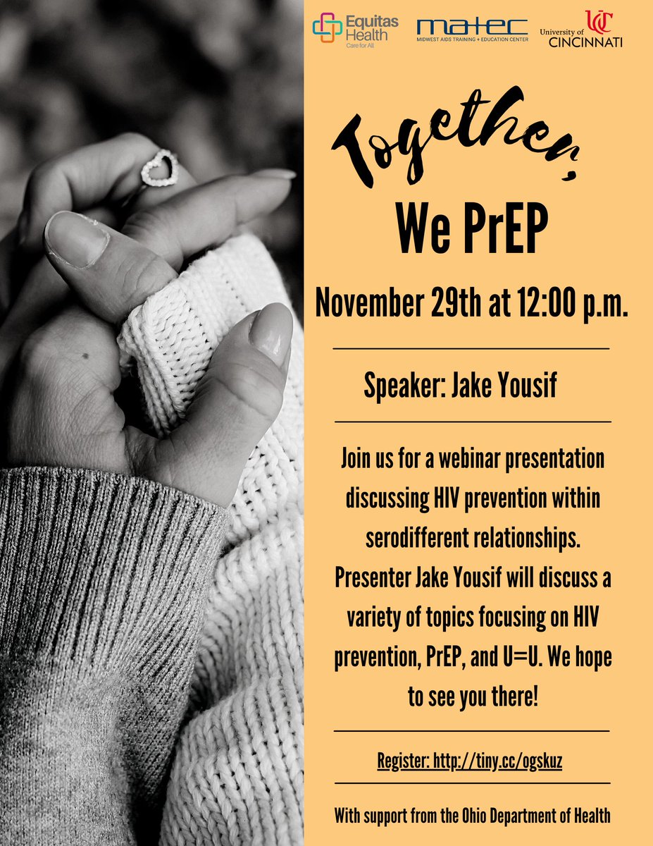 UC_MATEC's tweet photo. Join us for a webinar presentation on November 29th discussing HIV prevention within mixed-status relationships. Presenter Jake Yousif will discuss a variety of topics focusing on HIV prevention, PrEP, and U=U. We hope to see you there! https://t.co/ydZhpTCapk