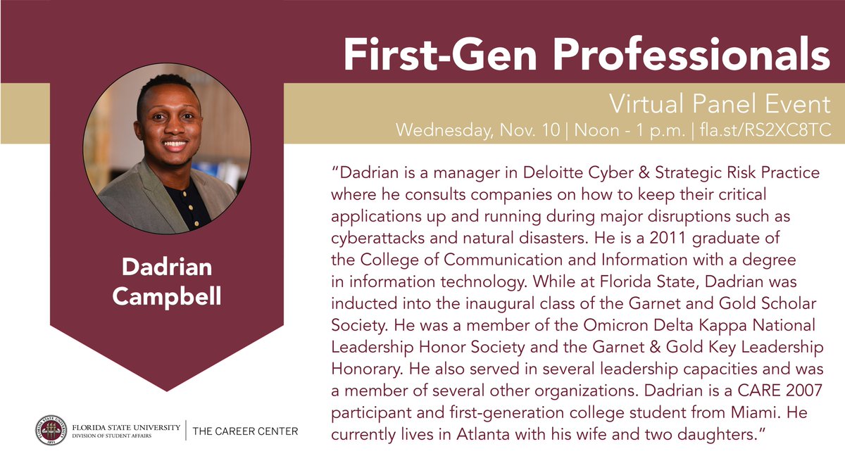 FSUCareerCenter's tweet photo. We're looking forward to hearing from Dadrian Campbell, an @FSUCCI alumnus, during next week's panel! #FGENweek #DesignYourCareer https://t.co/G6UWt2ZMdg